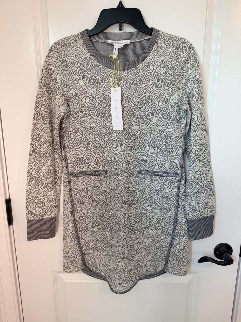 BCBGeneration Long Sleeve Jacquard Knit Tunic Dress with Contrast Binding XS NWT